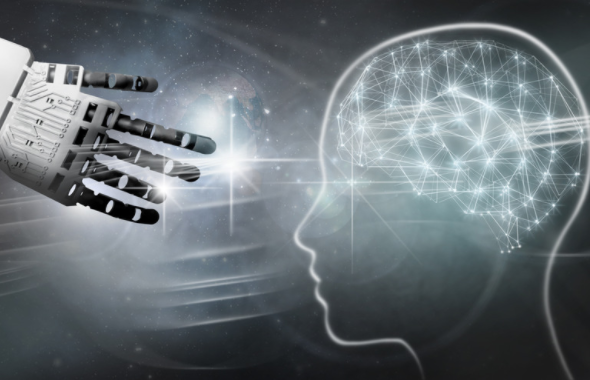 L'intelligence artificielle penser comme les humains cerveau humain et main de robot
